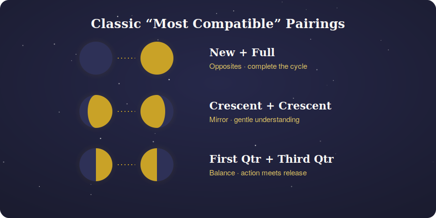 Grid of classic most compatible moon phase pairings like new and full moon