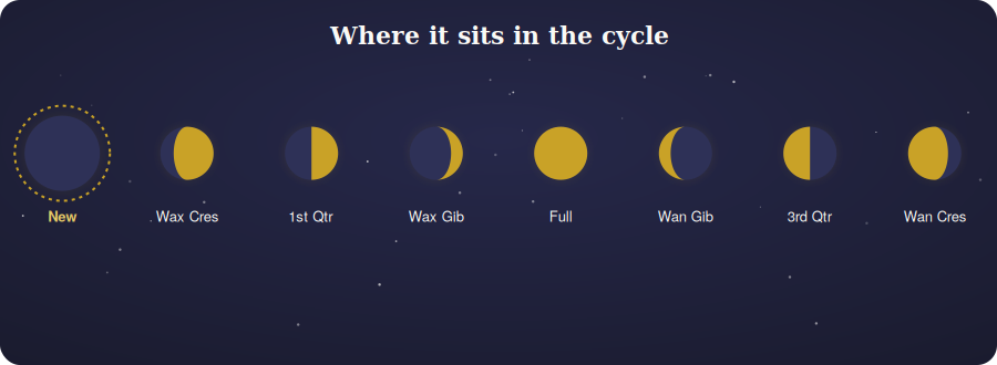 Diagram of the eight moon phases highlighting the new moon position