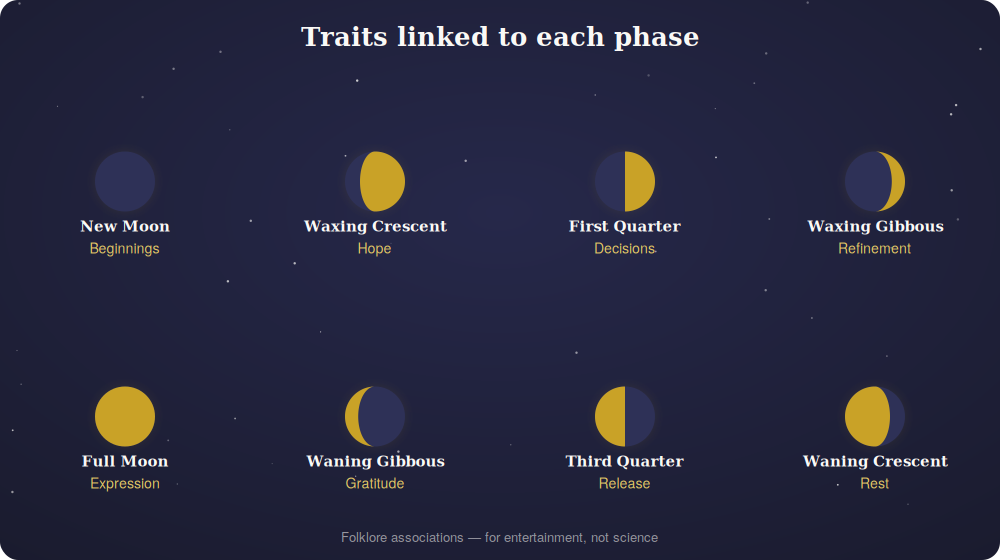 Chart of the eight moon phases with the folklore trait linked to each one